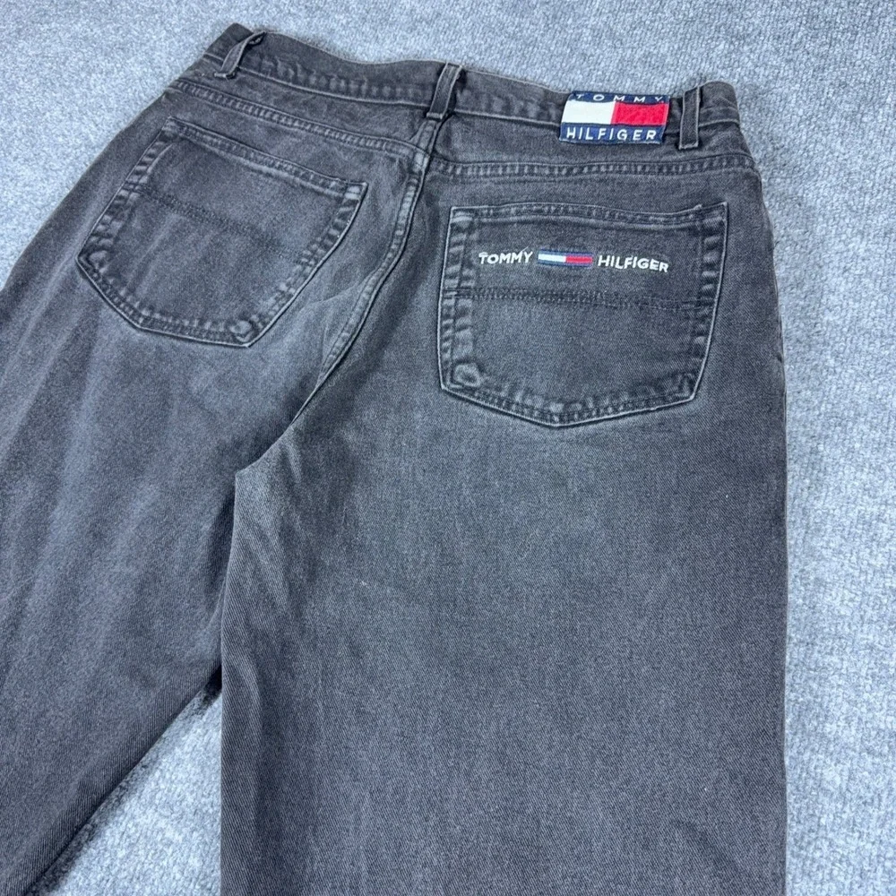 Tommy Hilfiger Vintage Mens Jeans Faded Black Straight Leg Flag Logo Denim 36x34
